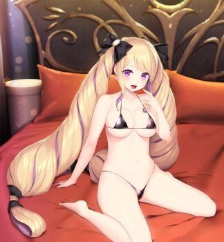 1girl absurdres alternate_breast_size bikini black_bikini black_bow blonde_hair bow breasts cleavage elise_(fire_emblem) fire_emblem fire_emblem_fates hair_bow highres kashiwamochi_yomogi large_variant_set long_hair looking_at_viewer medium_breasts micro_bikini nintendo purple_eyes purple_hair second-party_source shiny_swimsuit sideboob sitting smile solo swimsuit twintails underboob variant_set