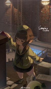 1girl 1other beret black_skirt book bookshelf brown_hair ceiling_light final_fantasy final_fantasy_xiv full_body glasses green_eyes green_hat green_shirt guippang hat highres holding holding_book holding_paper lalafell library magic_circle mandragora_(final_fantasy) miniskirt open_mouth paper paper_stack pointy_ears sailor shirt short_hair skirt solo warrior_of_light_(ff14)