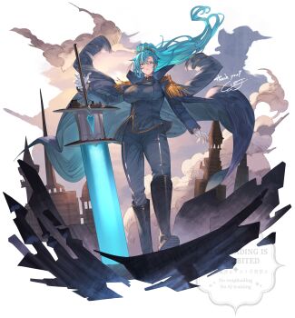 1girl absurdres ayacho blue_eyes blue_hair boots breasts commentary_request gloves highres large_breasts looking_at_viewer pants ponytail tagme weapon