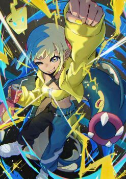 1girl aqua_hair ayaka_mitarashi black_mask blonde_hair blue_eyes blue_skin breasts can canari_(pokemon) colored_skin commentary_request criss-cross_straps dark-skinned_female dark_skin drink_can drinking_straw eel eelektross fangs fish gen_4_pokemon gen_5_pokemon highres jacket lamprey long_sleeves mask mask_pull mega_stone mouth_mask multicolored_hair nintendo open_mouth pants pokemon pokemon_(creature) pokemon_legends:_z-a rotom rotom_phone short_twintails split-color_hair sports_bra twintails two-tone_hair two-tone_mask two-tone_pants yellow_jacket yellow_mask yellow_sports_bra