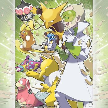 Rule 34 | 1boy, alakazam, alolan form, alolan raichu, aqua pupils, artist name, beast ball, blonde hair, bruxish, claydol, commentary, company name, copyright notice, english commentary, eyelashes, faba (pokemon), facial hair, fish, from side, gen 1 pokemon, gen 3 pokemon, gen 7 pokemon, gloves, goatee, green-tinted eyewear, holding, holding pendulum, holding poke ball, holding spoon, hypno, jacket, long sleeves, male focus, merchandise available, mustache, nintendo, official style, open mouth, outline, pendulum, pink eyes, pink lips, poke ball, pokemon, pokemon (creature), pokemon sm, sharp teeth, short hair, slowbro, smile, spoon, teeth, tinted eyewear, tom higgins, turtleneck, upper teeth only, watermark, white gloves, white jacket, white outline