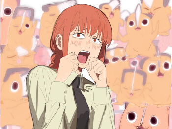 1girl black_necktie blush braid braided_ponytail chainsaw_man clenched_hands collared_shirt kasei_yukimitsu long_hair long_sleeves makima_(chainsaw_man) necktie open_mouth pochita_(chainsaw_man) red_eyes red_hair shirt teeth upper_teeth_only white_shirt