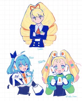 Rule 34 | 3girls, absurdres, artist name, blonde hair, blue eyes, blue hair, blush, bow, character name, crossed arms, drill hair, green eyes, hair bow, headset, highres, long hair, luna platz (mega man), mega man (series), mega man star force (series), mega man x (series), mega man x dive, multiple girls, open mouth, pallette (mega man), rico (mega man), saku kinou, smile, sparkle, twin drills, twintails, very long hair