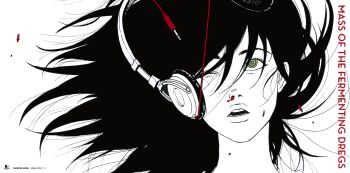 1girl album_cover audio_jack black_hair blood close-up cover headphones kozaki_ai long_hair mass_of_the_fermenting_dregs multicolored_eyes nosebleed one_eye_closed open_mouth portrait ringed_eyes simple_background solo two-tone_eyes white_background