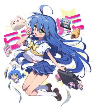 1girl absurdres ahoge bag blue_hair blue_sailor_collar blue_skirt book bow cat character_charm charm_(object) chibi chinese_commentary chocolate_cornet commentary_request copyright_name food green_eyes handheld_game_console happy_birthday highres hiiragi_kagami hiiragi_tsukasa izumi_konata logo lucky_star mole mole_under_eye nintendo_ds nyamou pleated_skirt ryouou_school_uniform sailor_collar school_bag school_uniform skirt smile socks solo solo_focus summer_uniform takara_miyuki v white_socks yellow_bow youguo_naberu