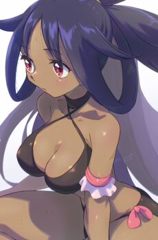 1girl aged_up alternate_breast_size_(larger) alternate_costume bikini black_bikini breasts cleavage closed_mouth dark-skinned_female dark_skin expressionless h_renah highres iris_(pokemon) large_breasts long_hair nintendo pokemon pokemon_bw2 purple_hair red_eyes solo swimsuit twitter_username very_long_hair white_background