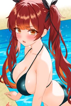 1girl azur_lane bare_shoulders bikini black_bikini blush breasts cleavage collarbone from_side halterneck honolulu_(azur_lane) large_breasts leaning_forward long_hair looking_at_viewer looking_to_the_side multicolored_hair open_mouth orange_eyes orange_hair red_hair reinforceiris solo sparkle strap_gap swimsuit twintails v-shaped_eyebrows very_long_hair water
