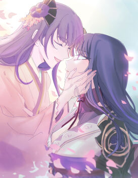 Rule 34 | 2girls, absurdres, armor, blunt bangs, blurry, cherry blossoms, closed eyes, clothing cutout, commentary, crying, crying with eyes open, depth of field, duplicate, falling petals, fan hair ornament, flower, from side, genshin impact, ghost, hair ornament, happy, heads together, highres, japanese clothes, kimono, leaning forward, long hair, long sleeves, looking up, makoto (genshin impact), mirukupowda, mole, mole under eye, multicolored hair, multiple girls, neck ribbon, open mouth, outdoors, parted lips, petals, pink kimono, pink lips, pink nails, pink petals, pixel-perfect duplicate, purple eyes, purple hair, purple kimono, raiden shogun, red ribbon, ribbon, sash, see-through body, shade, shoulder armor, shoulder cutout, siblings, sisters, smile, spoilers, streaked hair, tearing up, tears, twins, wide-eyed, wide sleeves, wisteria