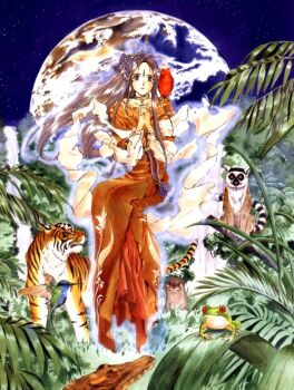 1girl aa_megami-sama animal belldandy bird brown_hair crocodile crocodilian dress earth_(planet) floating frog fujishima_kousuke hair_flowing_over hummingbird jungle lemur long_hair looking_at_viewer nature night official_art otter own_hands_clasped own_hands_together parrot planet rainforest retro_artstyle sky smile solo space tiger