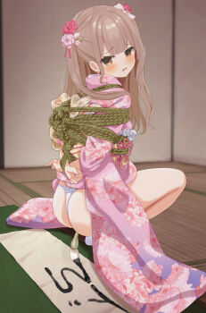 1girl anal anal_object_insertion arms_behind_back ass bdsm between_buttocks blunt_bangs blush bondage bound bound_arms bound_legs bound_torso bow breasts brown_eyes brown_hair calligraphy calligraphy_brush clenched_hand clothes_lift earrings embarrassed female_focus fingernails flower flower_panties fundoshi hair_bow hair_flower hair_ornament hamuta_(machosbrown) highres indoors japanese_clothes japanese_text jewelry kimono kimono_lift kinbaku kneeling legs looking_back looking_down nail_polish obi obijime object_insertion open_mouth original paintbrush panties parted_lips pink_bow pink_kimono pink_nails sash shibari shibari_over_clothes sidelocks skin_tight skindentation small_breasts socks tatami thighs tongue underwear white_fundoshi white_panties white_socks wooden_floor wooden_wall
