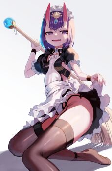 1girl apron black_dress breasts brooch broom brown_thighhighs chorogon detached_collar dress eyeliner fangs fate/grand_order fate_(series) headpiece highres horns jewelry looking_at_viewer makeup neck_ribbon oni open_mouth puffy_short_sleeves puffy_sleeves purple_eyes purple_hair ribbon short_hair short_sleeves shuten_douji_(fate) skin-covered_horns small_breasts smile solo thighhighs thighs white_apron wristband