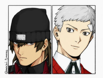 Rule 34 | 2boys, aragaki shinjirou, bandaid, bandaid on face, bandaid on forehead, beanie, black ribbon, black sweater, brown hair, closed mouth, coat, collared shirt, commentary request, gekkoukan high school uniform, grey hair, hair between eyes, hat, male focus, mochi 5meee, multiple boys, neck ribbon, persona, persona 3, red coat, red sweater vest, ribbon, sanada akihiko, school uniform, serious, shirt, short hair, smile, sweater, sweater vest, turtleneck, turtleneck sweater, twitter username, upper body, white shirt
