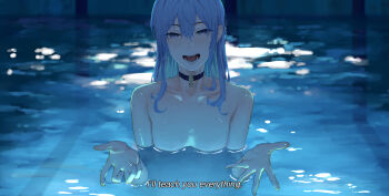 1girl absurdres beckoning black_choker blue_eyes blue_hair choker commentary english_commentary hair_between_eyes highres hololive hoshimachi_suisei i'll_teach_you_everything_(chainsaw_man) implied_nudity kizuru09 light_reflection_(water) long_hair looking_at_viewer movie_reference open_hands open_mouth partially_submerged pool scene_reference skinny_dipping solo star_(symbol) star_choker star_in_eye symbol_in_eye virtual_youtuber wet wet_hair
