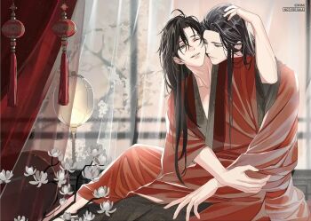 2boys ahoge alternate_costume alternate_hairstyle bed bishounen black_hair branch chinese_clothes chinese_wedding closed_mouth copyright_notice couple curtains flower gearous hair_down hand_in_another's_hair hand_on_another's_head hanfu hug hug_from_behind husband_and_husband indoors lamp lan_wangji lantern lattice long_hair long_sleeves looking_at_another male_focus modao_zushi multiple_boys official_art on_bed one_eye_closed parted_lips red_hanfu robe sidelocks sitting sitting_on_lap sitting_on_person smile tassel third-party_source wei_wuxian white_flower wide_sleeves window yaoi