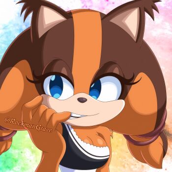 absurdres badger blue_eyes brown_fur brown_hair dress finger_bite hair_tie highres orange_fur orange_hair rockmangrave sega sonic_(series) sonic_boom_(series) sticks'_finger_bite_(meme) sticks_the_badger teeth twintails