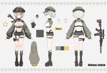 1girl a-pose absurdres bandeau belt belt_buckle black_belt black_boots black_collar black_gloves black_shorts boots breasts brown_socks buckle bullet character_name cleavage collar commentary cropped_jacket ear_piercing english_commentary fingerless_gloves full_body gloves goggles goggles_on_headwear grey_background grey_hair grey_hat grey_jacket gun hat highres indie_virtual_youtuber jacket kneehighs large_breasts long_sleeves midriff multiple_views name_tag navel o-ring o-ring_thigh_strap official_alternate_costume official_alternate_hairstyle official_art open_mouth piercing platform_boots pouch reference_sheet rifle second-party_source shee_icho short_hair short_shorts shorts shrug_(clothing) sleeves_past_wrists sniper_rifle socks spiked_collar spikes star_(symbol) star_print thigh_pouch thigh_strap virtual_youtuber weapon weri white_bandeau yellow_eyes