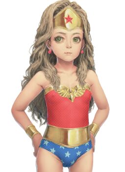 1girl aged_down bracelet brown_hair closed_mouth dc_comics diana_prince earrings eyebrows eyelashes female_focus green_eyes highres jewelry lips loli long_hair looking_at_viewer matsudo_aya simple_background solo superhero_costume wavy_hair white_background wonder_woman