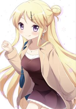 1girl bag blonde_hair blush closed_mouth collarbone dot_nose earrings feet_out_of_frame female_focus hair_bun hair_ornament hairclip handbag highres jewelry kin-iro_mosaic komeko416 kujou_karen long_hair long_sleeves looking_at_viewer necklace purple_eyes simple_background standing tongue tongue_out very_long_hair white_background