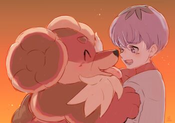 Rule 34 | 1boy, closed eyes, commentary request, dachsbun, dog, lower teeth only, male focus, nintendo, one eye closed, open mouth, ortega (pokemon), pink eyes, pink hair, pokemon, pokemon sv, ryu gamori, short hair, smile, team star, teeth, tongue, tongue out