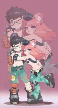 1boy 1girl animal_ears bandaged_arm bandaged_leg bandages bandolier belt black_nails boots breasts brown_eyes brown_hair commentary_request controller cosplay fang glasses gloves green_pants green_shorts grey_eyes grin highres hug junkrat_(overwatch) junkrat_(overwatch)_(cosplay) kiunchiku knee_pads mask mask_on_head mechanical_legs medium_breasts navel one_eye_closed orange_gloves original overwatch overwatch_1 pants pasties pig_ears pink_hair push-button remote_control roadhog_(overwatch) roadhog_(overwatch)_(cosplay) semi-rimless_eyewear shorts single_glove single_mechanical_leg smile tape tape_on_nipples topless_female torn_clothes torn_shorts under-rim_eyewear zoom_layer