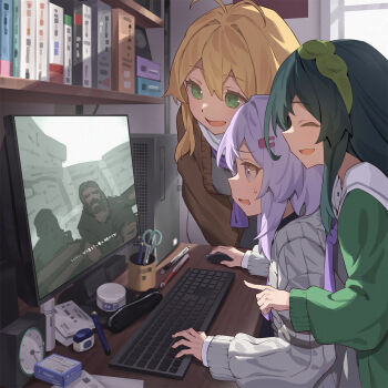 3girls :d antenna_hair blonde_hair book bookshelf brown_sweater clock closed_eyes commentary_request computer computer_keyboard computer_mouse green_eyes green_hair green_sweater grey_sweater hair_between_eyes hair_ornament hairclip highres holding holding_computer_mouse indoors long_hair long_sleeves monitor multiple_girls open_mouth playing_games purple_eyes purple_hair scissors smile sweater table the_elder_scrolls the_elder_scrolls_v:_skyrim touhoku_zunko tsurumaki_maki voiceroid yamamomo_(plank) yuzuki_yukari