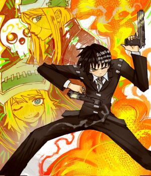 2boys 2girls ;p black_hair black_suit blonde_hair blue_eyes blush commentary death_the_kid elizabeth_thompson father_and_son fire formal_clothes gun hat holding holding_gun holding_weapon jewelry looking_at_viewer looking_to_the_side medium_hair multiple_boys multiple_girls oestart one_eye_closed patricia_thompson ring ringed_eyes shinigami-sama siblings sisters smile smoke soul_eater suit tongue tongue_out weapon yellow_eyes