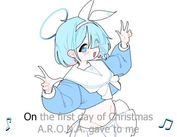 2girls :3 :d ahoge ahoge_wag animated animated_gif arona_(blue_archive) beamed_eighth_notes blonde_hair blue_archive blue_eyes blue_hair blue_halo blue_hat blue_santa_costume blue_shirt blue_skirt blush bow_hairband box braid brown_eyes christmas closed_eyes closed_mouth cropped_shirt dthmns eighth_note english_text expressive_hair gift gift_box hairband halo hands_up hat in_box in_container jacket long_sleeves looking_at_viewer lyrics medium_hair midriff miniskirt multicolored_hair multiple_girls musical_note navel neckerchief open_mouth outstretched_arms pink_hair pleated_skirt red_jacket sailor_collar santa_costume santa_hat shirt side_braid simple_background skirt sleeveless sleeveless_shirt smile the_twelve_days_of_christmas_(song) two-tone_hair v-shaped_eyebrows white_background white_hairband white_neckerchief white_sailor_collar white_skirt yellow_halo yoshimi_(blue_archive)