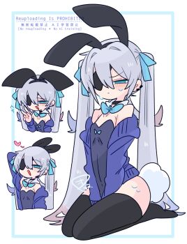1boy animal_ear_hairband animal_ears arm_behind_head arm_up arms_between_legs bare_shoulders black_choker black_hairband black_leotard black_thighhighs blue_bow blue_bowtie blue_cardigan blue_eyes blue_hair blush bow bowtie cardigan choker closed_mouth collarbone colored_tips commentary crossdressing crossdressing_(mtf) detached_collar double-parted_bangs eyepatch fake_animal_ears fake_tail flipped_hair full_body furrowed_brow hair_between_eyes hair_bow hair_intakes hairband hand_up heart highres leotard light_blush long_hair long_sleeves looking_at_viewer male_focus male_playboy_bunny multicolored_hair multiple_views no_nose off_shoulder one_eye_covered op_na_yarou open_cardigan open_clothes open_mouth original playboy_bunny quad_tails rabbit_ear_hairband rabbit_ears rabbit_tail raised_inner_eyebrows red_hair rigel_(op_na_yarou) seiza sidelocks simple_background sitting straight_hair strapless strapless_leotard sweat tail thighhighs thighs trap upper_body v v_arms very_long_hair watermark white_background white_hair