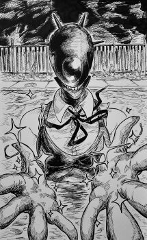 1girl absurdres apron bomb_devil_(chainsaw_man) chainsaw_man collared_shirt commentary english_commentary fence gloves greyscale highres monochrome neck_ribbon object_head outdoors partially_submerged pool ribbon sharpski shirt sleeveless sleeveless_shirt solo water