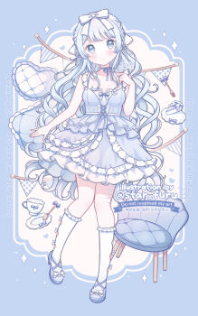 1girl bare_arms bare_shoulders blue_border blue_hair blue_shoes blush border borrowed_character bow braid breasts chair closed_mouth commentary commission dress frilled_dress frilled_socks frills full_body hair_bow hand_up highres hoshifuru_akiyo long_hair looking_at_viewer medium_breasts original outside_border shoes skeb_commission sleeveless sleeveless_dress socks solo standing watermark white_background white_bow white_socks