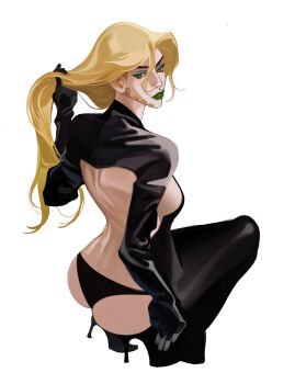 1girl absurdres ass blonde_hair breasts commentary english_commentary genderswap genderswap_(mtf) green_eyes green_lips gyro_zeppeli highres jojo_no_kimyou_na_bouken long_hair reichio simple_background solo steel_ball_run white_background