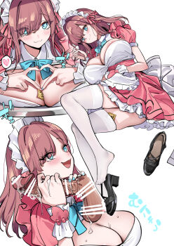 1girl apron black_shoes blue_bow blue_bowtie blue_eyes blush bow bowtie breasts brown_hair center_opening cleavage cleavage_cutout clothing_cutout collared_dress commentary_request condom crossed_legs cum cum_on_body cum_on_breasts cum_on_upper_body cum_overflow cum_string cumdrip dress excited frilled_dress frilled_wrist_cuffs frills hair_ribbon hands_on_penis heart heart_hands highres large_breasts long_hair looking_at_viewer looking_to_the_side maid maid_apron maid_headdress masturbation multicolored_nails multiple_views nail_polish nakamura_rohane nijisanji open_mouth penis platform_shoes red_dress ribbon shoes short_sleeves smile solo suzuhara_lulu sweatdrop thick_thighs thighhighs thighs unworn_shoes white_background white_dress white_thighhighs wrist_cuffs