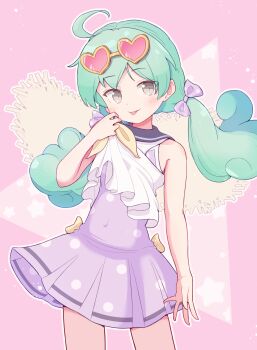 absurdres ahoge blush bow covered_navel elisa_(puyopuyo) eyewear_on_head green_hair grey_eyes hair_bow hat heart heart-shaped_eyewear highres jazz_grace lifting_own_clothes pink-tinted_eyewear purple_bow puyopuyo puyopuyo_quest ribbon sailor_collar sailor_shirt shirt star_(symbol) straw_hat sunglasses swimsuit tinted_eyewear tongue tongue_out triangle twintails wiping wiping_face wiping_with_clothes yellow-framed_eyewear yellow_ribbon