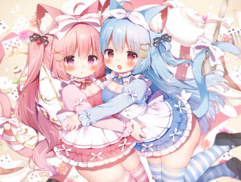 2girls ahoge animal_ear_fluff animal_ears apron bell black_bow black_shoes blue_bow blue_bowtie blue_dress blue_hair blue_thighhighs blush bow bowtie breasts cat_ears cat_girl cat_tail cleavage commentary_request cookie_hair_ornament dress food-themed_hair_ornament frilled_dress frills hair_bow hair_ornament heart heart_hair_ornament highres juliet_sleeves key kobone_(momozu_komamochi) legs_up long_hair long_sleeves mary_janes medium_breasts miruku_(momozu_komamochi) momozu_komamochi multiple_girls neck_bell open_mouth oppai_loli original parted_lips pink_eyes pink_hair pleated_apron pocket_watch puffy_sleeves red_bow red_bowtie red_dress red_eyes ribbon shoes smile strawberry_hair_ornament striped_clothes striped_thighhighs tail tail_bow tail_ornament thighhighs thighs twintails two_side_up very_long_hair watch white_apron white_bow white_ribbon x_hair_ornament