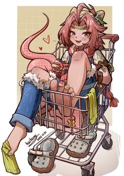 Rule 34 | 18273337992, 1girl, ahoge, arknights, blush, braid, commentary request, controller, crocs, denim, feet, game controller, holding, holding controller, holding game controller, jeans, long hair, looking at viewer, mesugaki, multicolored nails, nail polish, open mouth, pants, pink hair, pointy ears, rose salt (arknights), rose salt (the starting point) (arknights), shirt, shoes, snake girl, snake tail, socks, solo, tail, toenail polish, toenails, torn clothes, torn jeans, torn pants, unworn shoes, unworn socks