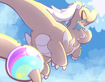 blue_sky claws closed_eyes closed_mouth cloud dragonite feathered_wings flying full_body gen_1_pokemon happy head_wings highres horns mega_dragonite mega_pokemon nettsuu nintendo no_humans pokemon pokemon_(creature) pokemon_focus pokemon_legends:_z-a single_horn sky smile solo tail wings