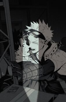 2boys 9_a_zq absurdres arm_support bakugou_katsuki boku_no_hero_academia box cardboard_box collarbone commentary_request crack_of_light detached_sleeves dirty facial_scar fingernails greyscale hand_on_another&#039;s_chest highres jacket looking_back male_focus mask mask_lift midoriya_izuku monochrome multiple_boys multiple_scars sanpaku scar scar_on_cheek scar_on_face scar_on_hand scar_on_shoulder short_hair suit_jacket superhero_costume v-neck wide-eyed yaoi