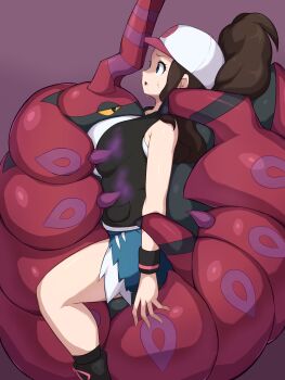 1girl :o absurdres baseball_cap blue_eyes boots breasts brown_hair bug commentary_request denim denim_shorts gen_5_pokemon gradient_background hat highres hilda_(pokemon) kerriaria large_breasts long_hair molestation monster nintendo poison pokemon pokemon_(creature) pokemon_bw pokephilia ponytail restrained ryona scolipede short_shorts shorts simple_background socks sweat vest wristband