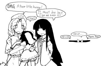 Rule 34 | 4girls, animal ears, aoiseshin, baby, bloomers, blunt bangs, blush, carrying, carrying person, cowboy shot, cross, dress, greyscale, high contrast, highres, houraisan kaguya, inaba tewi, interlocked fingers, long hair, looking at another, monochrome, multiple girls, no pupils, open mouth, out of frame, own hands clasped, own hands together, parted bangs, pitfall, puffy short sleeves, puffy sleeves, rabbit ears, rabbit girl, rabbit tail, reisen udongein inaba, shirt, short hair, short sleeves, sidelocks, simple background, skirt, tail, touhou, underwear, white background, wide sleeves, yagokoro eirin
