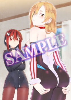 2girls ass ass_focus black_hair black_jacket blonde_hair breasts choker crossed_arms inti_creates jacket large_breasts leggings majogami maxi_(majogami) multicolored_hair multiple_girls official_art red_eyes red_hair shiroha_(majogami) small_breasts yellow_eyes