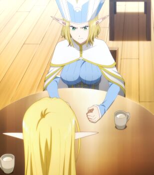 Rule 34 | 2girls, anime screenshot, annette (isekai shikkaku), blonde hair, blue dress, breasts, cape, dress, elf, green eyes, hat, highres, isekai shikkaku, large breasts, long hair, long sleeves, multiple girls, pointy ears, short hair, sidelocks, stitched, table, third-party edit, white cape, ysha (isekai shikkaku)