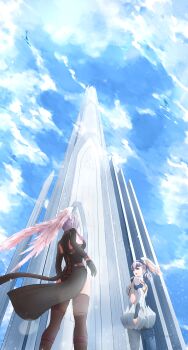 2girls absurdres black_dress blue_eyes blue_sky cloud commentary_request dress from_below head_wings highres looking_at_another melia_antiqua mercury_xeno multiple_girls open_mouth purple_hair short_dress silver_hair sky standing thighhighs thighs tower tyrea_(xenoblade) white_dress wings xenoblade_chronicles:_future_connected xenoblade_chronicles_(series) xenoblade_chronicles_1