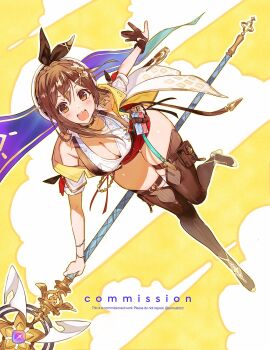 1girl atelier_(series) atelier_ryza breasts brown_eyes brown_hair cleavage full_body hat highres holding holding_staff large_breasts midair red_shorts reisalin_stout shirt shorts solo staff sumustard white_hat white_shirt yellow_background
