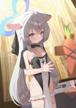 1girl absurdres alternate_costume animal_ears black_leotard black_streaks blue_archive blue_halo blush breasts carrot church cross cross_necklace frilled_thigh_strap grey_hair halo highres indoors jewelry kokona_(blue_archive) leotard loli long_hair looking_at_viewer marshal_(artist) multicolored_hair necklace nun small_breasts solo steepled_fingers streaked_hair thigh_strap thighhighs tiger_ears tiger_girl white_thighhighs