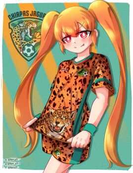 1girl artist_name breasts clothes_pull fang highres jaguar leopard_print long_hair mexico orange_hair pink_eyes pulling_own_clothes shirt shirt_pull shorts small_breasts smile soccer soccer_uniform solo sportswear twintails ueno-san_wa_bukiyou ueno_(ueno-san_wa_bukiyou)
