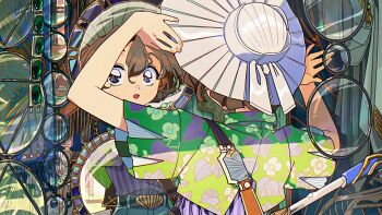 1990s_(style) 1girl bag belt brown_hair decorations earrings hanging_from_ceiling hat highres jewelry looking_at_mirror mirror original reflective_surface retro_artstyle shell shoulder_bag sparkling_eyes trying_on_clothes white_hat yo-co