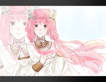 1girl absurdres aegyo_sal baihuhu61553 bare_shoulders beads black_border blue_background border braid brown_eyes chinese_commentary circlet clothing_cutout commentary_request dress earrings floating_hair flower gold_earrings gold_necklace hair_beads hair_flower hair_ornament hand_on_own_chest happy highres infinity_nikki jewelry letterboxed light_blush long_hair long_sidelocks long_sleeves looking_at_viewer low_twin_braids low_twintails necklace nikki_(nikki) nikki_(series) outline pink_hair puffy_long_sleeves puffy_sleeves rose shoulder_cutout sidelocks solo twin_braids twintails upper_body very_long_hair white_dress white_flower white_outline white_rose zoom_layer