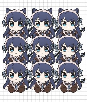 1girl :3 animal_ears apron ascot blue_ascot blue_bow blue_eyes blue_ribbon blush bow brown_dress cat_ears cat_tail character_doll chibi chibi_only commentary_request doll dress frilled_apron frills hair_ribbon highres kuripan_plushie link!_like!_love_live! long_hair looking_at_viewer love_live! maid maid_apron maid_headdress multiple_views murano_sayaka nagisa_iori nyan_nyan_nyan_fair_in_gamers official_alternate_costume ribbon short_sleeves sitting tail tail_bow tail_ornament virtual_youtuber white_apron