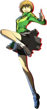 Rule 34 | 1girl, bike shorts, brown eyes, brown hair, dark persona, drop shadow, female focus, fighting stance, full body, jacket, jpeg artifacts, megami tensei, official art, persona, persona 4, persona 4: the ultimate in mayonaka arena, satonaka chie, shadow (persona), shadow chie, shin megami tensei, short hair, skirt, socks, soejima shigenori, solo, track jacket, transparent background