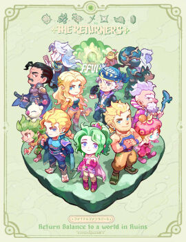 3girls 6+boys armor beard black_gloves black_hair black_pants blonde_hair blue_armor blue_cape blue_eyes blue_tank_top boots breasts brown_eyes brown_pants cape celes_chere chibi chibi_only cleavage closed_mouth cyan_garamonde dobermann dog dress earrings edgar_roni_figaro facial_hair final_fantasy final_fantasy_vi gau gloves gold_trim green_hair grin hair_between_eyes hair_ornament hand_on_own_chest hat headscarf holding holding_sword holding_weapon interceptor_(ff6) jewelry light_smile locke_cole low_ponytail mask medium_breasts mouth_mask multi-tied_hair multiple_boys multiple_girls muscular ninja ninja_mask old old_man onemegawatt own_hands_together pants pink_cape ponytail red_boots red_dress red_hat relm_arrowny sabin_rene_figaro scar scar_across_eye scar_on_face setzer_gabbiani shadow_(ff6) shoulder_armor sideburns smile strago_magus stubble sword tank_top teeth tina_branford umaro weapon white_hair yellow_pants